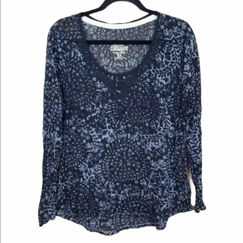 Nine West Vintage America Henley Top XL Blue Floral Paisley Lace Trim Burnout